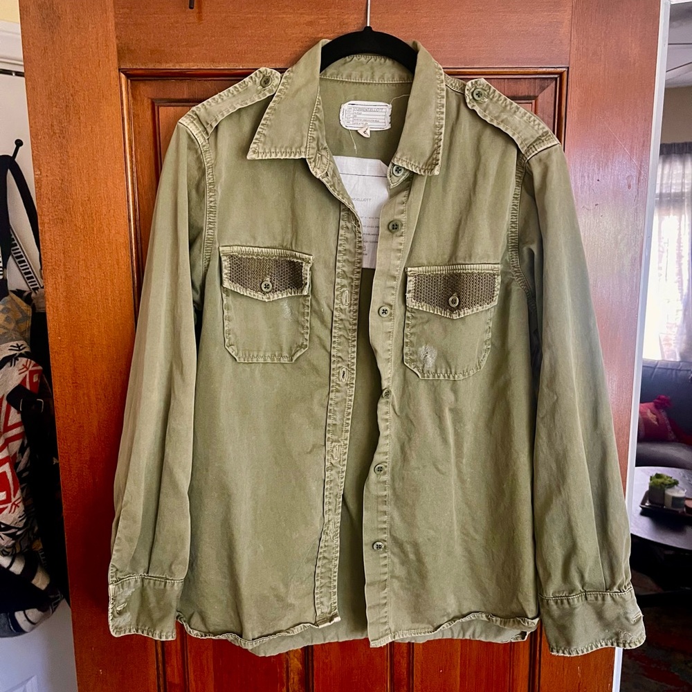 Current/Elliott OD Green Surplus Shirt with Epaulettes and Studded Pocket Flaps
